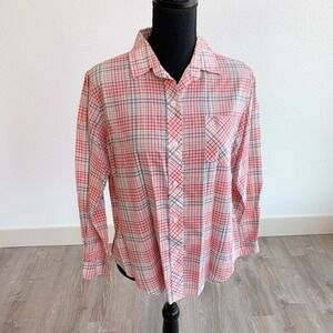Vintage 70s Noah's Ark Pink Gray Plaid Button Long Sleeve Shirt Women 38 Large